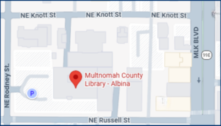 map of location. Library in between MLK and NE Rodney and NE Knott and NE Russell
