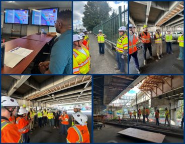 image of rep nelson looking at ppt and folks in PPE looking at construction site and freeway