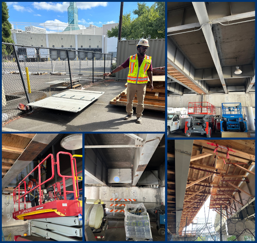 images of the bottom of the bridge and construction workers showing steal panels