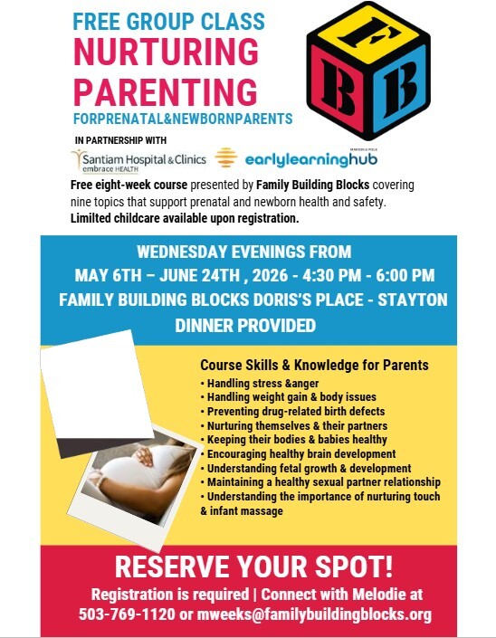 Flyer for free group class nurturing parenting for prenatal and newborn parents presented by Family Buidling Blocks