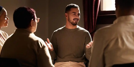 Image of a person talking in a group of people for navigating anxiety 