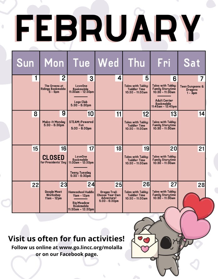 February Library Activities Calendar 
