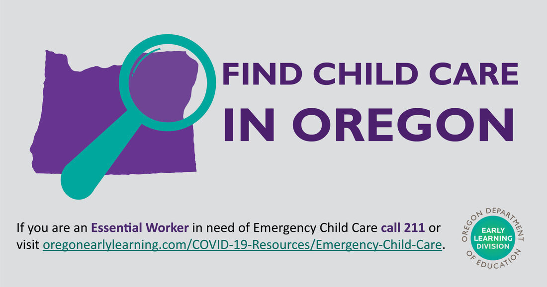graphic of outline of state of oregon with a magnifying glass and text that says find child care in oregon