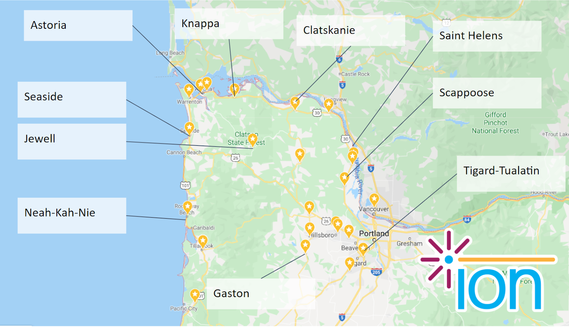 map of Oregon with the participating school districts marked with a red button