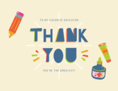 beige background that says thank you in blue text and has a illustration of a pencil, ink and glue