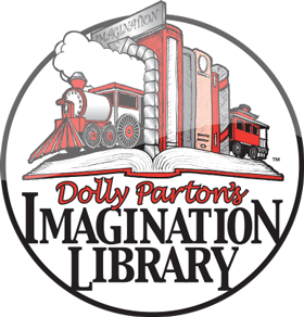 dolly parton imagination library logo shows a stack of books bookended by a train