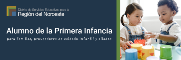 Two preschool children play with stacking cups and text says alumno de la primera infancia