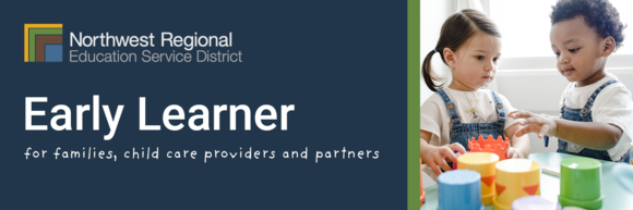 Two preschool-age children playing with stacking cups and text that says early learner