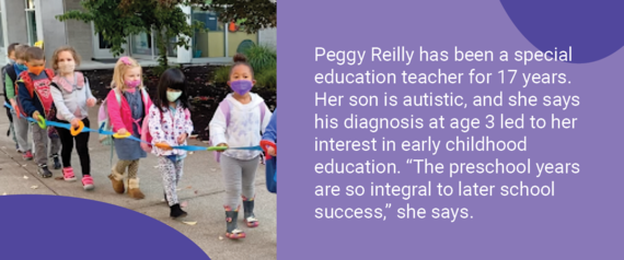 students walking in a line with text about peggy reilley