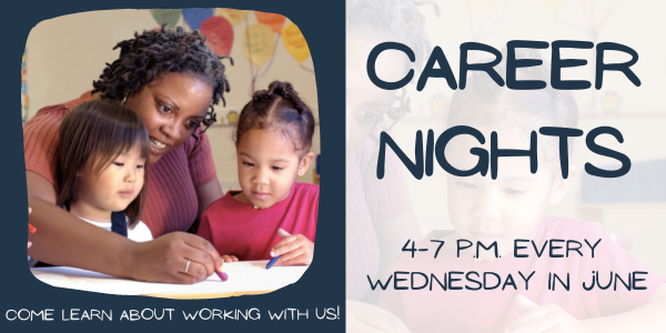 Photo of a preschool teacher with two students with text that says career nights