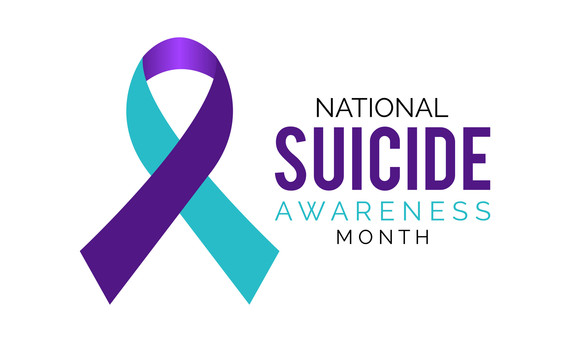 Teal and purple ribbon with text that says national suicide awareness month