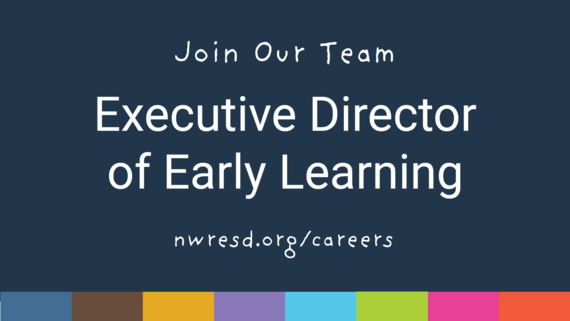 Navy background with rainbow colors and text that says join our team we're hiring an executive director of early learning