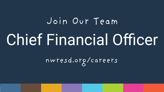 Illustration with multicolored bar and navy background that says join our team as a chief financial officer