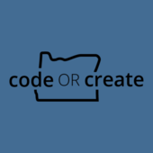 codeORcreate over outline of Oregon state with blue background
