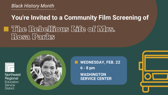 Text that says you're invited to a community film screening with an illustration of a bus and photo of rosa parks