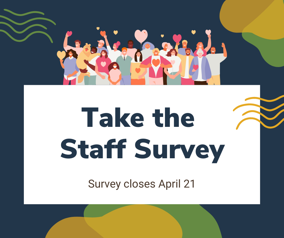 illustration of people waving with text that says take the staff survey