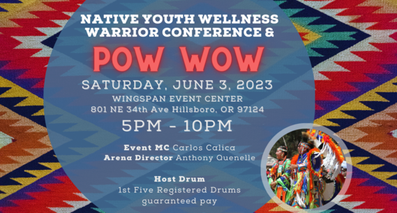 text about a native youth wellness warrior conference and powwow overlays a photo of fabric with a native american design 