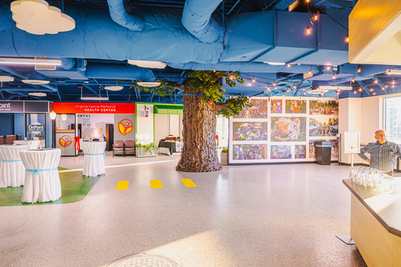 The BizTown space mimics a downtown street with trees, streets and greenspace