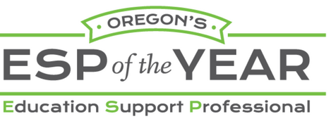 a seedling grows out of a book over the top of an illustration of the state of oregon and text that says education support professional of the year