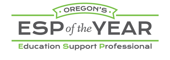 a seedling grows out of a book over the top of an illustration of the state of oregon and text that says education support professional of the year