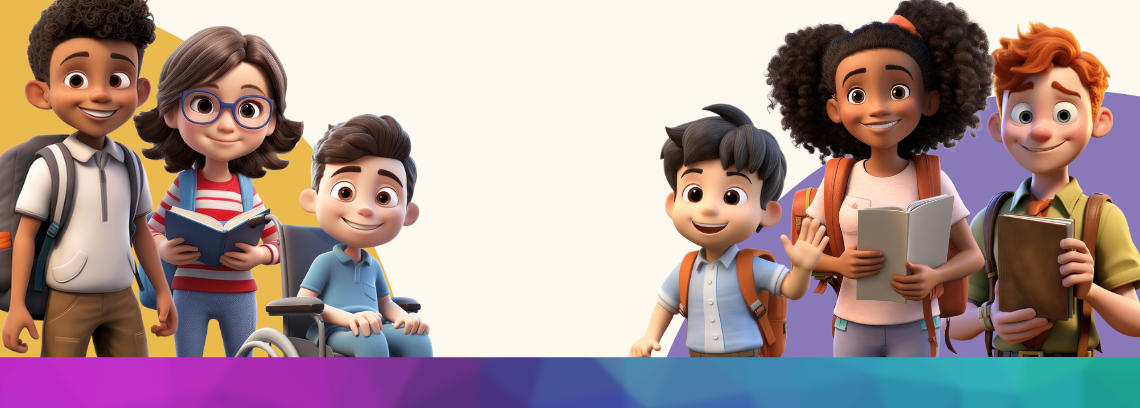 illustration of six students of various ages, abilities and ethnicities