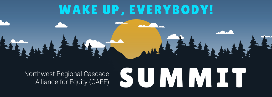 Illustration of trees and a sun with text that says wake up everybody