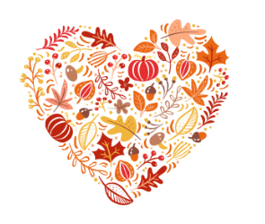 Heart shape filled with leaves and pumpkins