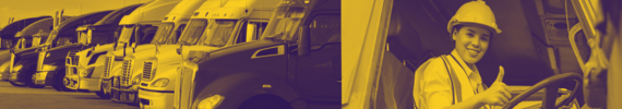 cdl program header image - left to right, commercial semi-trucks, woman smiling with a thumbs up at driver seat