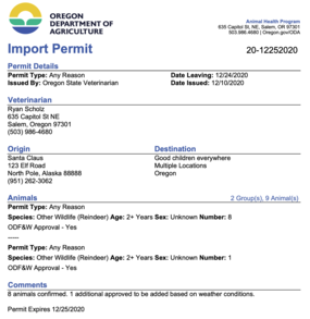 Animal import permit for Santa