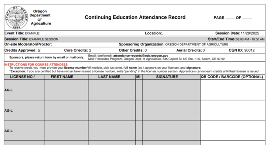 Example of the ODA issued Continuing Education Attendance Record (signature sheet)