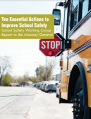 School bus with stop sign out, overlay of text reading 10 Essential Actions to Improve School Safety