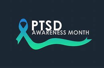 PTSD Awareness Month with blue green ribbon