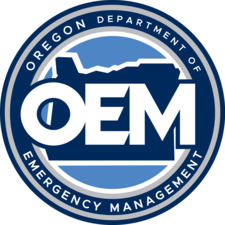 Circle with white OEM initials on top of a blue state of Oregon outline. 