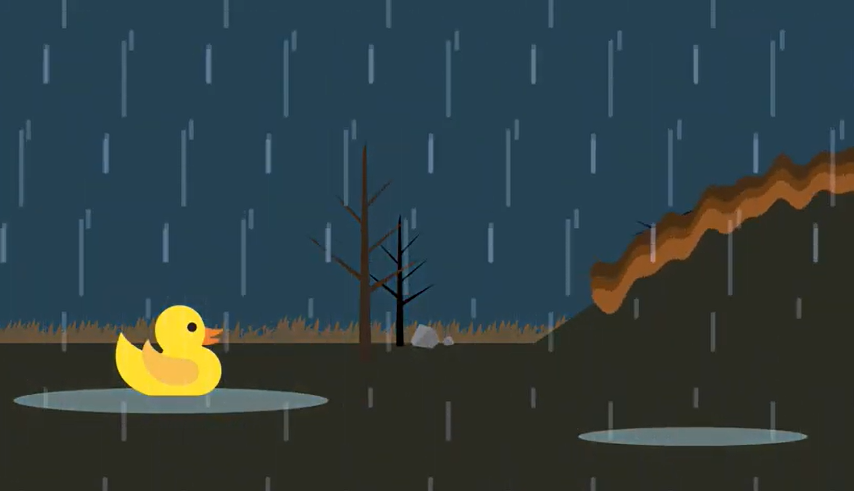 Rubber Duck outside in rain as debris flow approaches from a hill on the right.