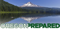 Oregon Prepared Logo in front of mountain, lake