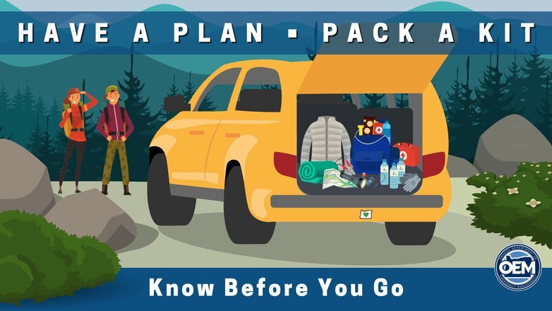 Illustration of man and woman packing up a car with life safety items