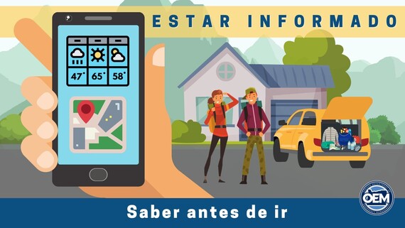 Illustration of man and woman packing a car with life safety gear; a hand holding a phone with weather and map