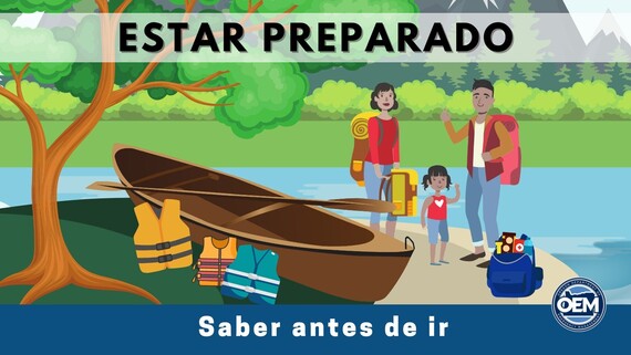 Illustration of mom, dad, child by water with a canoe, lifejackets, emergency kit