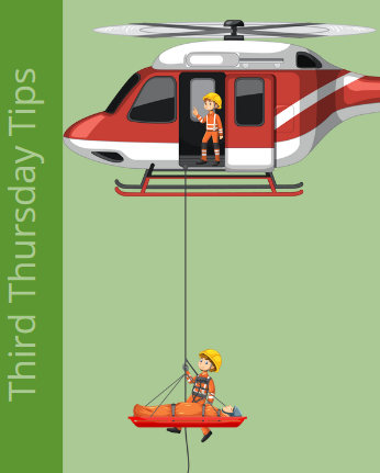 Illustration of helicopter hoisting an injured person during a search and rescue mission