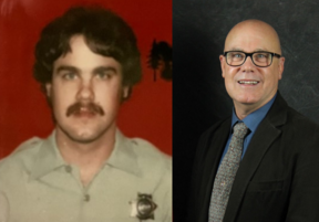 Left photo shows young man with full head of brown hair, moustache, right shows bald man with black rimmed glasses in a suit and tie