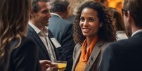 Black woman with curly hair, gray blazer, orange shirt, holds drink and smiles at colleagues