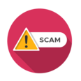 scam graphic with a yellow warning triangle and the word "scam" shown on a red background