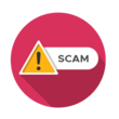 scam graphic with a yellow warning triangle and the word "scam" shown on a red background