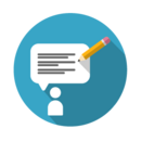 survey icon -- a person is shown to be giving feedback with a talk bubble and a pencil on a blue background