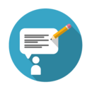 survey icon -- a person is shown to be giving feedback with a talk bubble and a pencil on a blue background