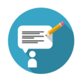 survey icon -- a person is shown to be giving feedback with a talk bubble and a pencil on a blue background