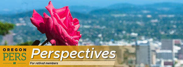 Retirees newsletter header with a photo of a reddish-pink rose in the foreground and city of Portland in the background