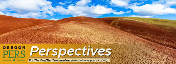 Tiers newsletter header with a photo of the Painted Hills looking very orange against a blue sky with fluffy white clouds