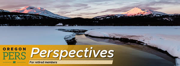 retirees newsletter header with a wintery image of a river cutting through a snow field with mountains in the background