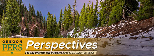 Tiers newsletter header with wintery image of snow on the ground in a forest at Crater Lake